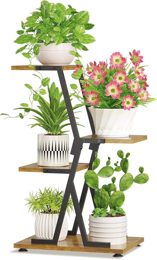 iDavosic.ly 3 Tier Indoor Plant Stand, Corner Tall Metal & Wood Flower Shelf, Orchid Display Rack for Living Room Balcony Patio Porch, Space Saving & Multifunctional Display, Black & Brown