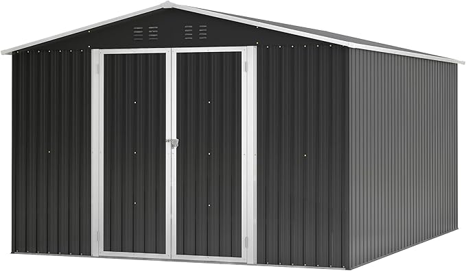 10x12 FT Outdoor Storage Shed, Large Metal Garden Shed with Lockable Hinged Doors, Outside Tool Shed with Sloped Roof & 4 Air Vents, Waterproof Storage Building for Backyard, Patio, Lawn, Black