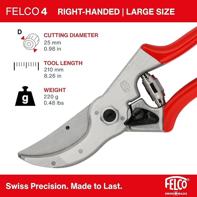 Felco F4 Pruning Shears – 9.25" Swiss-Made Garden Clippers for Pruning | Hand Pruners for Gardening | Garden Tool Cutter with Precision Bypass Blade, Aluminum Body, Replaceable Parts, Nut/Bolt Model