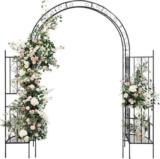 Outvita 7FT Garden Arch Arbor with Plant Stand, Heavy Duty Metal Arbour Archway, Decorative Frame Stand Trellis for Wedding Ceremony Party Plant Climbing Rose Vines Lawn