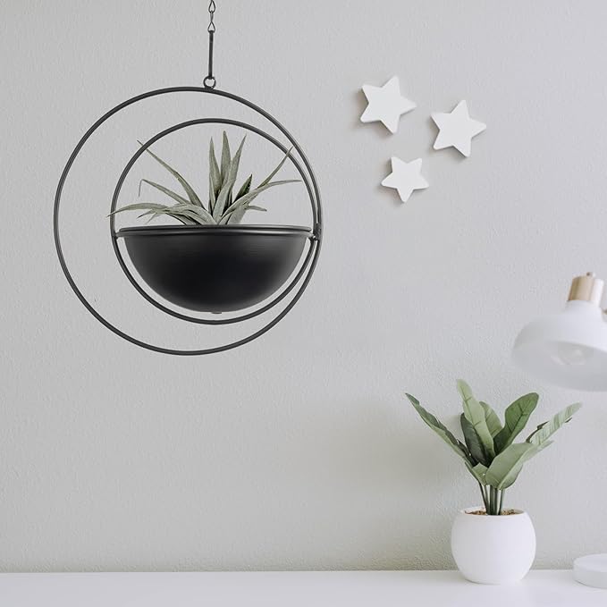 Hajia 2 Pack Moon Shaped Hanging Plant Holder with 8 Inch Detachable Pot, Black Metal Plant Hanger for Indoor Outdoor, Minimalist Hanging Planter for Wall Ceiling Decor.(with Drainage Holes)