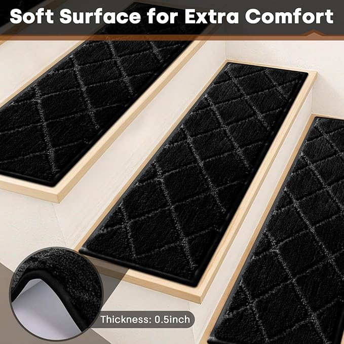JOENIE Non-Slip Edging Stair Treads Carpet Mat 30inX8in Indoor Stair Runners for Wooden Steps, Edging Stair Rugs for Kids and Dogs, 100% Polyester TPR Backing (Black, 12pc)