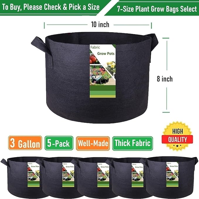 5-Pack 3 Gallon Plant Grow Bags (10x8 inch) Thickened Fabric Plant Pots Gardening Bags for Garden Pots,Plant Nursery Bag,Flower Pot,Herbs Veggies Planter Bag,Barrel Planter,Garden Containers W/ Gloves