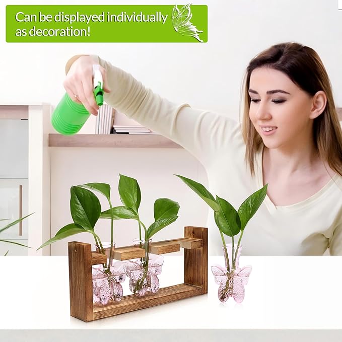 Glass Plant Propagation Station Butterfly Vases for Plants Birthday Gifts for Women Mom Office Home Decoration with Wooden Stand