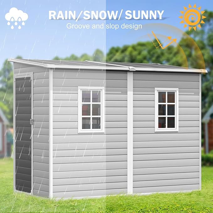 CDCASA 4x8 FT Resin Lean to Shed, Waterproof Outdoor Storage Sheds with Floor Included & Adjustable Openable Windows, Outside Plastic Tool Shed for Backyard Patio Poolside Garden, Gray