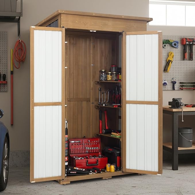 Outdoor Storage Cabinet, Large Wood & Metal Garden Shed with Foldable Table, Weather-Resistant Asphalt Roof, Lockable Doors & Adjustable Feet for Patio, Backyard, or Garage (47"L x 20"W x 70"H)