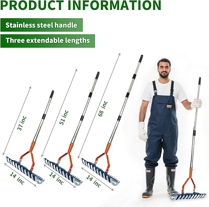 Thatch Rake,14" Wide 21-Tines Sturdy Garden Dethatcher Rake,Heavy Duty Ergonomic Adjustable Stainless Steel Handle;Durable Versatile Head for Removing Dead Grass and Leaves Clippings, Loosening Soil
