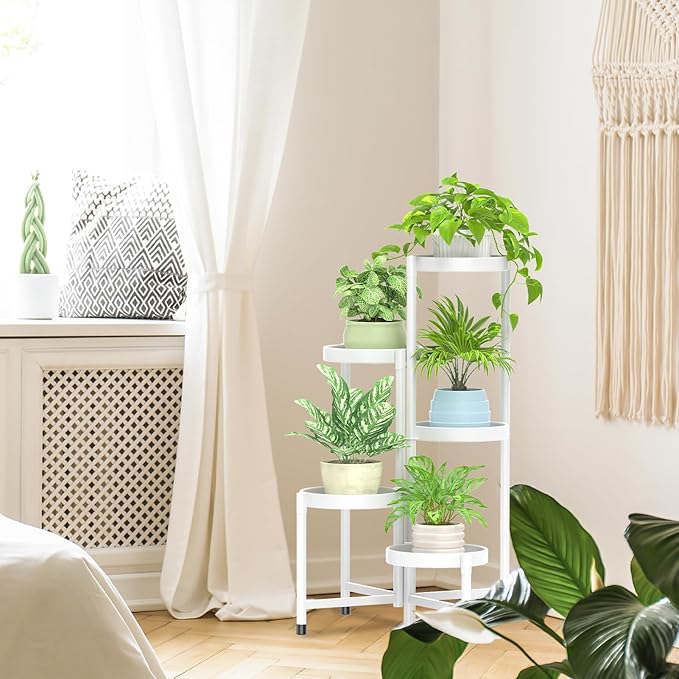 iDavosic.ly Plant Stand Indoor Outdoor, 5 Tier Corner Metal Flower Display Holder Shelf, Easy Assembly Folding Tall Orchid Rack for Patio Balcony Porch Garden Living Room House, White