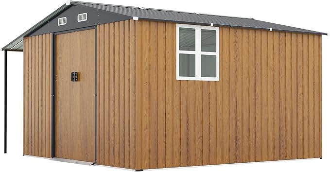 10x12 FT Outdoor Storage Shed,Extra Large Metal Garden Tool Shed with Lockable Doors,Windows & Air Vents,Dual-Zone Design Outside Steel Tiny House for Backyard, Patio Lawn,Yellow