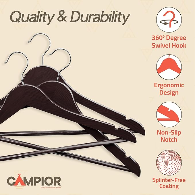 Cherry Wooden Hangers 5 Pack – Heavy-Duty with 360° Swivel Hook, Non-Slip, Pants Bar & Shoulder Grooves - Wooden Hangers for Suits, Jackets, Dresses & Camisoles, Space-Saving and Smooth Finish