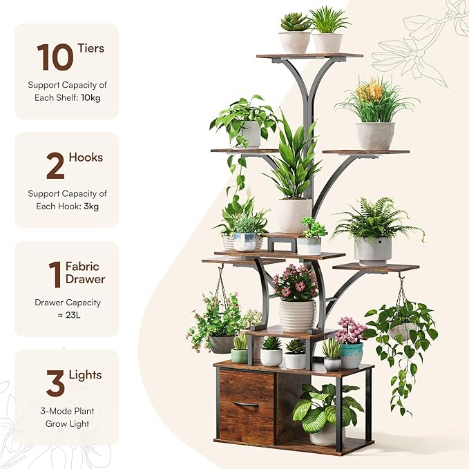 Tree-shaped 63" Tall Plant Stand Indoor with Grow Light 3 Color Modes - 10 Tiered Plant Shelf with Drawer, 10 Brightness Levels, Timer, Wide Base, Lighted Corner Plant Stands for Living Room, Balcony