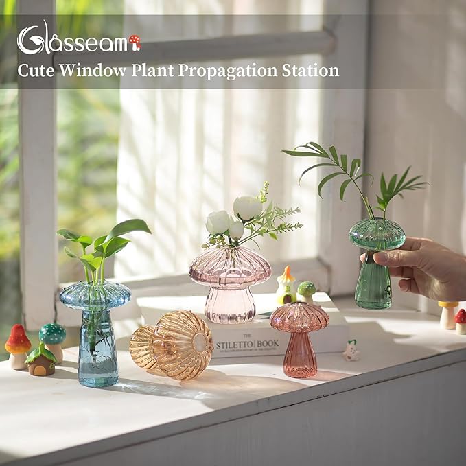Colorful Mushroom Propagation Stations for Plants: Glasseam 10Pcs Glass Plant Terrarium for Pothos Herbs - Lovely Hydroponic Propagator for Window Table Decor - Unique Gifts for Women