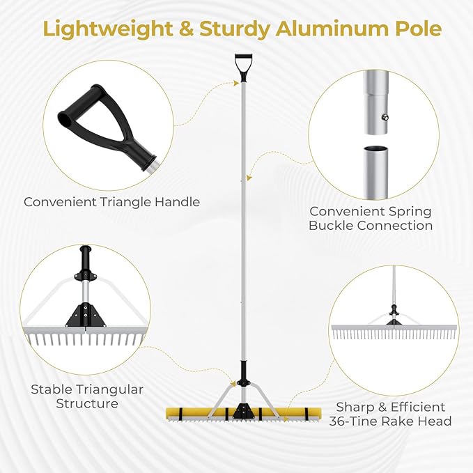 Goplus Floating Weed Lake Rake, 36" Aluminum Multifunctional Detachable Landscape Rake with Extension Handle, 20 FT Rope and Float, Weed & Algae Removal of Leaves, Floating Scum, Aquatic