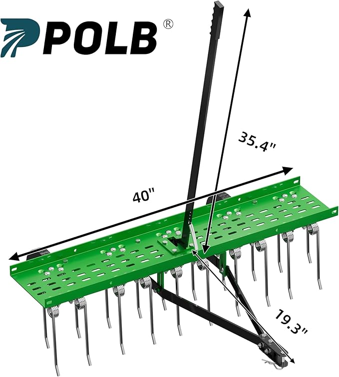40" Tow-Behind Dethatcher with 20 Spring Steel Tines, Pull Behind Lawn Tractor Mower Grass Rake for Yard, Garden, and Farm Care – Removes Thatch, Leaves, and Pine Needles-Green
