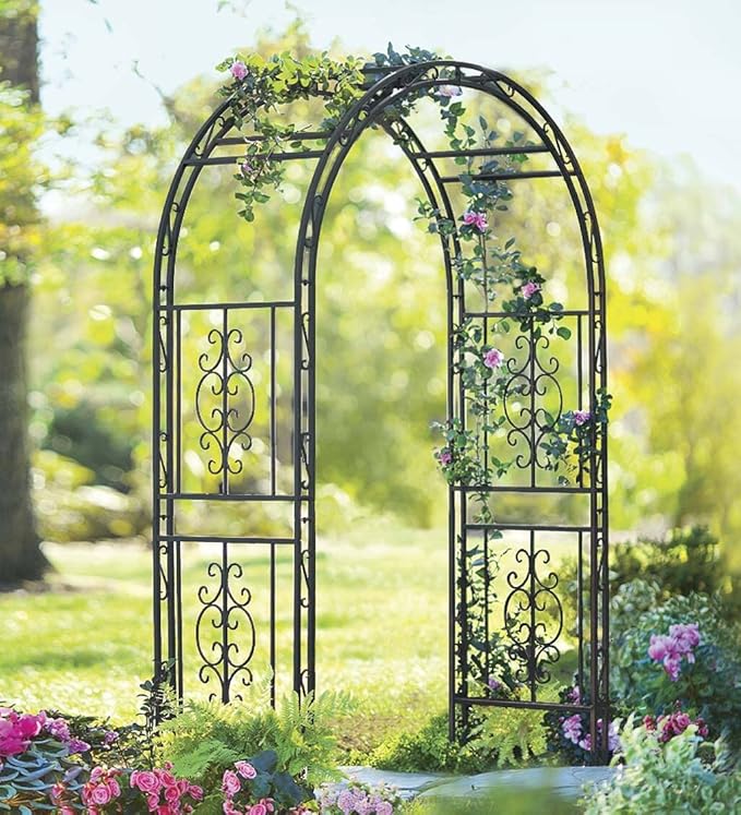 Plow & Hearth Arch Metal Outdoor Garden Arbor | Montebello | 7 Feet Tall | Gun-Metal | Iron Trellis Lattice for Climbing Plants | Wedding | Outdoor Patio Décor