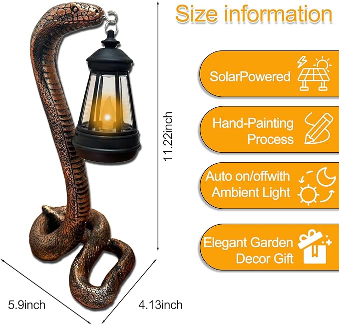 Solar Garden Outdoor Statues Snake with Solar Lights Outdoor Chrismtas Decorations - Lawn Decor Snake Statue for Patio, Balcony, Yard Ornament - Unique Housewarming Gifts（11.22" Brass Color