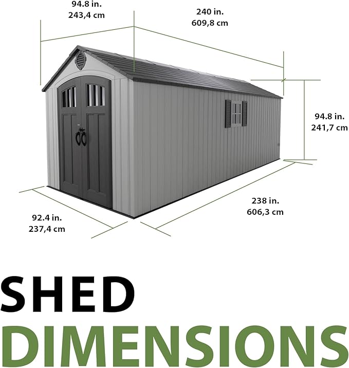 Lifetime Outdoor Storage Shed, 8x20 Ft, Gray, Resin Backyard Tool Shed with Lockable Doors and Weather-Resistant Panels