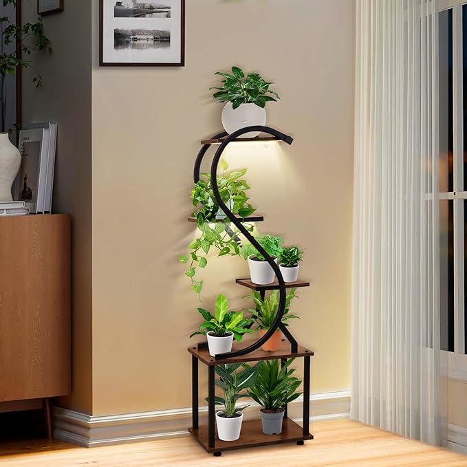 Plant Stand Indoor with Grow Light - 5 Tiered Plant Shelf Indoor, Corner Plant Stand, 43" Tall Plant Shelf with Lights for Indoor Growing, Lighted Flower Holder for Living Room, Balcony, Black
