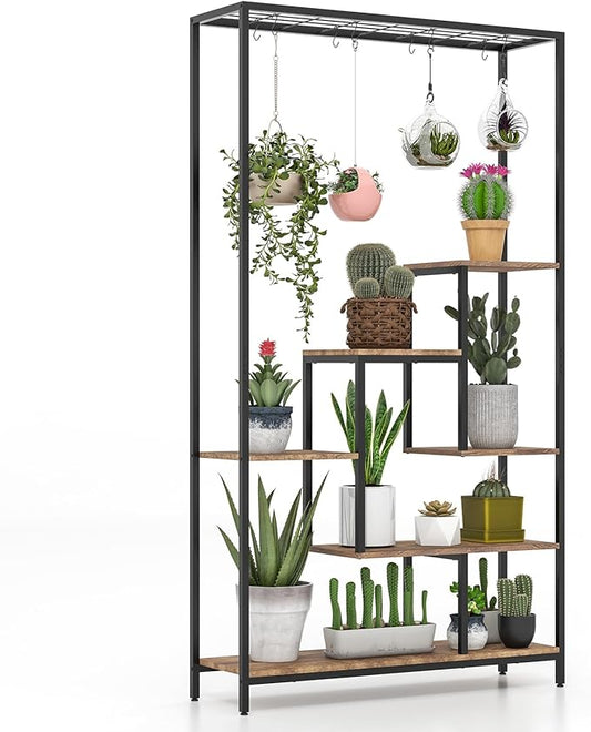 Giantex 71" Tall Plant Stand Indoor, 6-Tier Metal Plant Shelf with 10 Hanging Hooks, Multiple Potted Flower Bonsai Pots Display Rack for Indoor, Balcony, Living Room (Rustic Brown)