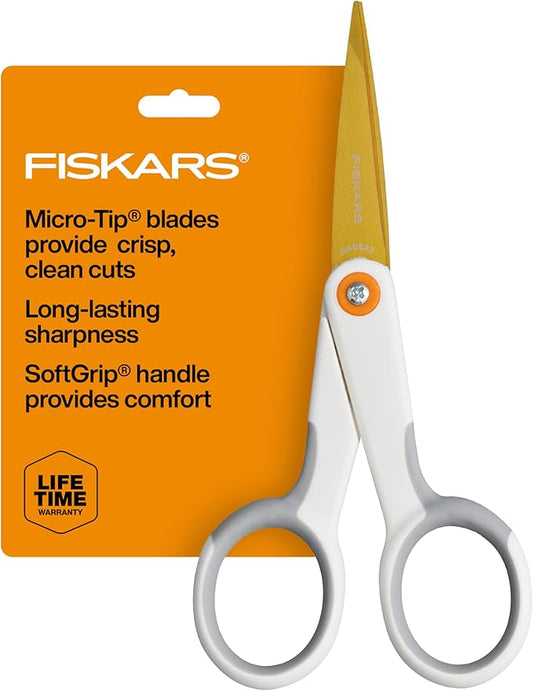 Fiskars Micro-Tip Scissors, Precision Cutting Shears, Titanium Blades & SoftGrip Handle for Intricate Cuts, 5”, White/Gray