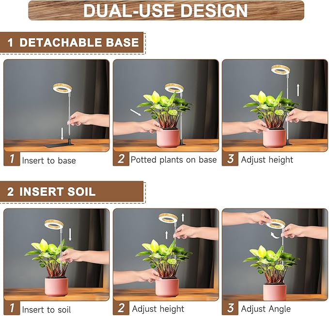 Grow Light, 48 LEDs Full Spectrum Plant Lights for Indoor Growing, Height Adjustable Wood Grain Plant Grow Light with Base, 3 Optional Spectrums, Auto Timer 6/12/16Hrs, 5 Brightness