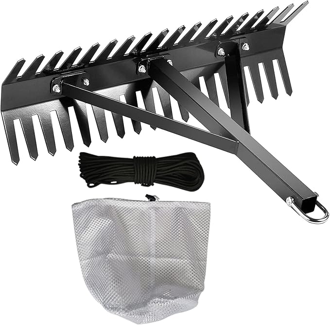 Pond Rake,Weed Removal Tool，Steel Blades 16-32 inch Aquatic Weed Rake, Double Sided Lake Weed Cutter, Clean Aquatic Weeds Muck Silt Lake Rakes, Lake Weed Rake with 66ft Rope (32 inch)
