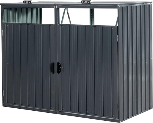 Garbage Bin Storage Shed for 2 Trash Cans Outdoor Metal Enclosure Charcoal Galvanized Steel Garbage Can Holder Hide Utility Bin Shelter Garden Yard