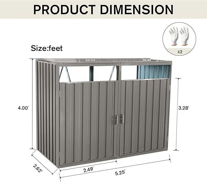 Garbage Bin Storage Shed for 2 Trash Cans Outdoor Metal Enclosure Charcoal Galvanized Steel Garbage Can Holder Hide Utility Bin Shelter Garden Yard