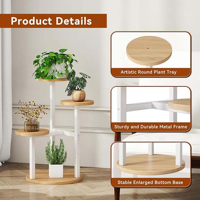 IBUYKE 4 Tier Plant Stand Indoor, Metal Wood Plant Shelf for Multiple Plants, Small Tiered Corner Flower Pot Stand for Living Room Patio Balcony Garden, White TMJ073R