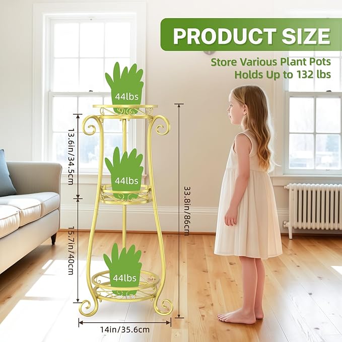 iDavosic.ly 3 Tier Metal Plant Stand Indoor Outdoor, Wrought Iron Corner Tall Flower Pot Holder Shelf, 34 Inch Vertical Heavy Duty Display Rack for Patio Porch Living Room Garden, Gold