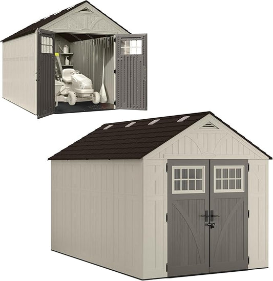 Suncast 8x10 Ft. Outdoor Storage Shed - Large Resin Outdoor Shed with Floor Included, Lockable Double Doors & Skylights. 547 Cu Ft Tremont Garden Plastic Sheds for Lawn Tools, Riding Mowers, & Bikes