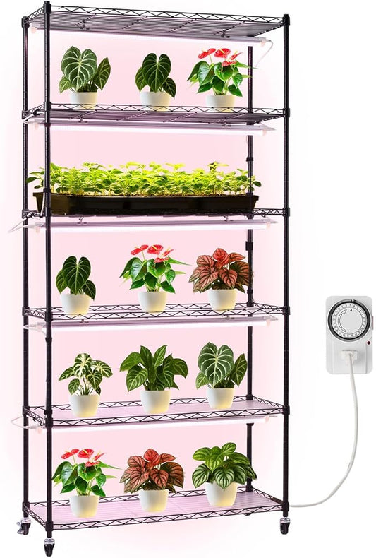 VEVOR Plant Shelf with Grow Light, 6-Tier Indoor Plant Stand, 71in Tall Indoor Plants Display Rack with Wheels & Timer, 150W 3800K Full Spectrum Grow Lights, Metal Flower Pot Holder for Seed Starting