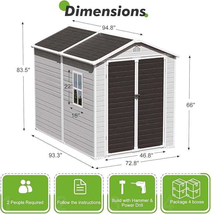 Plastic Sheds 6x8 Shed Resin Outdoor Storage with Floor Included, All-Weather Lockable Garden Tool Storage Cabinet