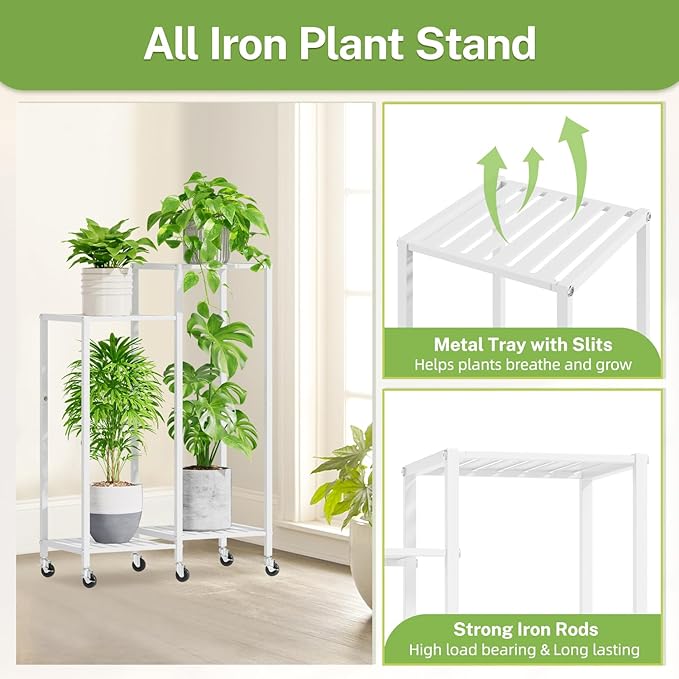 iDavosic.ly 4 Tier Plant Stand Indoor with Wheels, Metal Tiered Corner Flower Holder Shelf Outdoor for Large Pots, Tall Rolling Rack for Patio Porch Garden Balcony Living Room, White