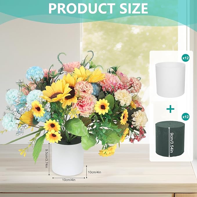 12 Set Plastic Cylinder Planter Box 4 x 4 Inch Flower Boxes for Arrangements White Round Plastic Flower Box with Removable Foam Blocks Liner for Centerpiece Home Wedding Garden Decor (Classic)