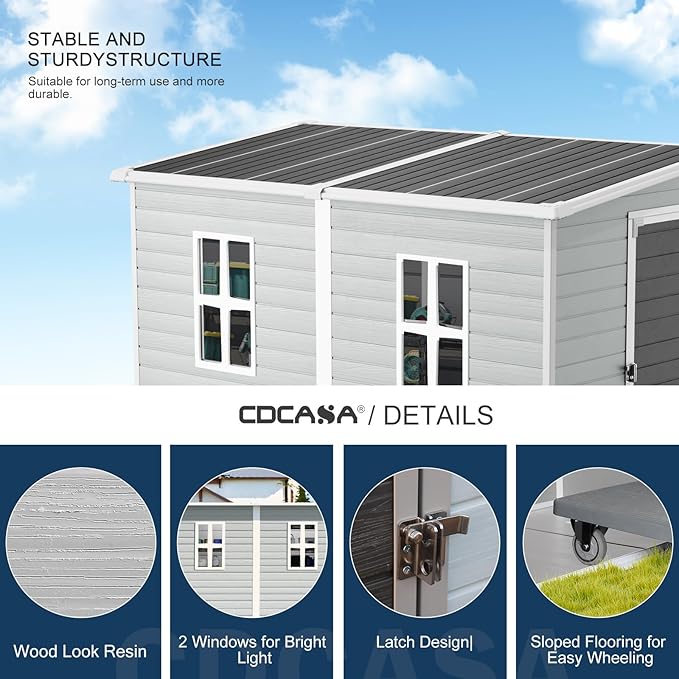 CDCASA 4x8 FT Resin Lean to Shed, Waterproof Outdoor Storage Shed with Floor & Lockable Door & Window, Outside Plastic Tool Shed for Backyard, Patio, Poolside, Lawn, Grey