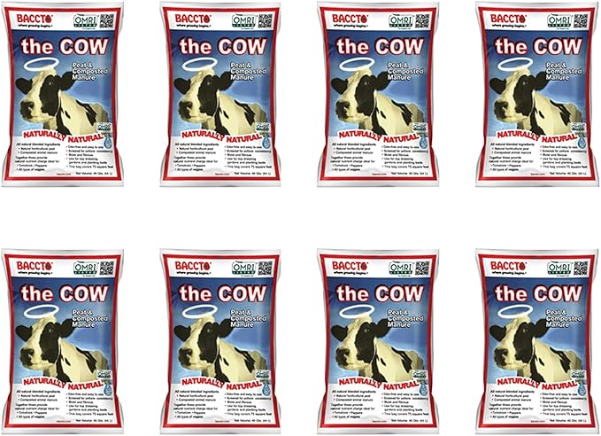 Michigan Peat Baccto 1640 Wholly Cow Horticultural Compost and Manure for Soil Amendment, Lawn Care, Garden Beds, and More, 40 Quart Bag (8 Pack)