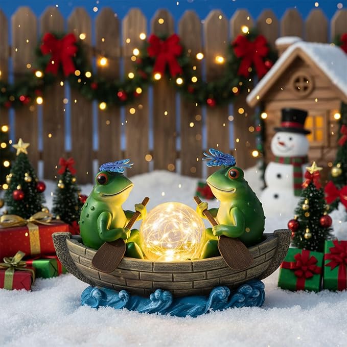 Solar Frog Boating Garden Statue with Ball Light 5.1" Resin Frogs Decor for Home Front Door Patio Porch Balcony Women Gardeners Moms Wives Girlfriends