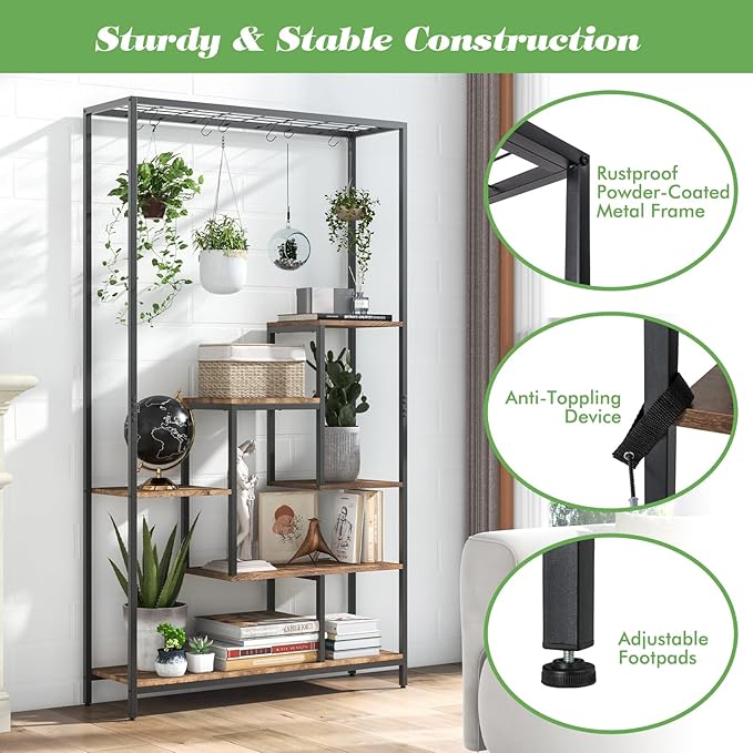Giantex 71" Tall Plant Stand Indoor, 6-Tier Metal Plant Shelf with 10 Hanging Hooks, Multiple Potted Flower Bonsai Pots Display Rack for Indoor, Balcony, Living Room (Rustic Brown)
