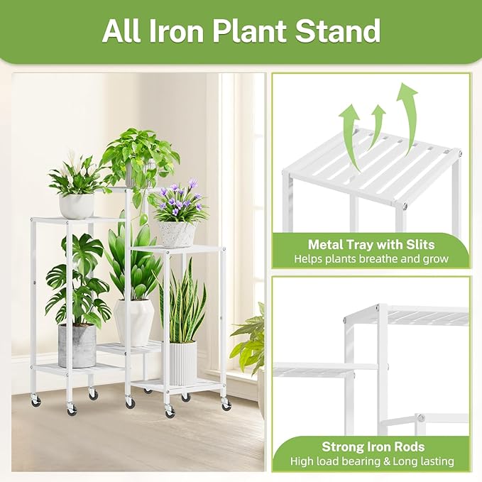 iDavosic.ly 6 Tier Plant Stand Indoor with Wheels, Metal Tiered Corner Flower Holder Shelf Outdoor for Large Pots, Tall Rolling Rack for Patio Porch Garden Balcony Living Room, White
