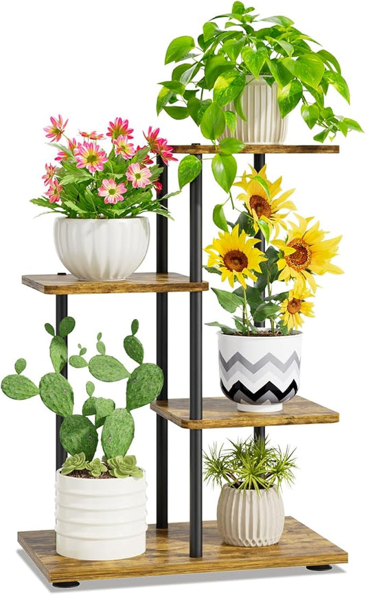 iDavosic.ly 3 Tier Plant Stand Indoor, Tiered Corner Metal Wood Multiple Flower Holder Shelf, 25 Inch Tall Orchid Display Rack for Patio Porch Living Room Balcony Outdoor, Modern Black & Rustic Brown