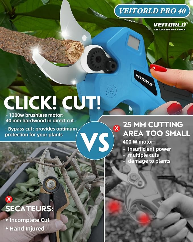 VEITORLD Upgraded Electric Pruning Shears, 1.6" Cutting Diameter Cordless Pruner with 2*2.0Ah Rechargeable Batteries&SK5 Blades, Garden Pruning Tool for Tree Branches, Gifts for Men Dad Him Christmas