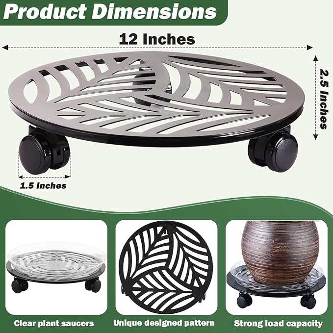 4 Packs Large Metal Plant Caddy with 3 PU Wheels 12" Heavy-duty Wrought Iron Rolling Plant Stands Indoor Outdoor Wheeled Plant Dolly Planter Mover Rollers Plant Trolley Cart, Plant Saucers Included