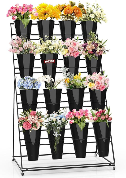 Flower Display Stand with Buckets, 4 Layers 16 PCS Buckets Plant Stand with Wheels, Movable Metal Plant Stand for Terrace Garden, Living Room, Florist Shop (Black Frame - Black Buckets, 4-Tier)