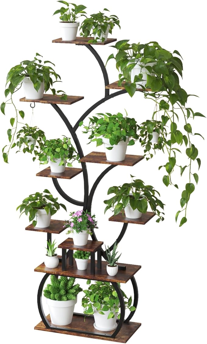 VINGLI 61" Tall Plant Stand with Grow Light, 10-Tier Indoor Plant Shelf with LED Light Strips, Tree-Shaped Metal Rack for Indoor Growing, Black