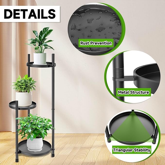 3-Tier Metal Plant Stand for Indoor & Outdoor, Heavy Duty Corner Flower Shelf Display Rack for Living Room Balcony Patio Garden Bedroom Classroom Black (Black-B)