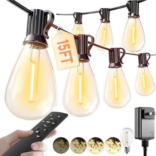 luckystyle 15FT LED Outdoor String Lights with Remote, 6+1 Shatterproof Bulbs Waterproof and Dimmable Patio Lights for Porch, Garden, Backyard, Deck, Balcony, 2700K Hanging Lighting