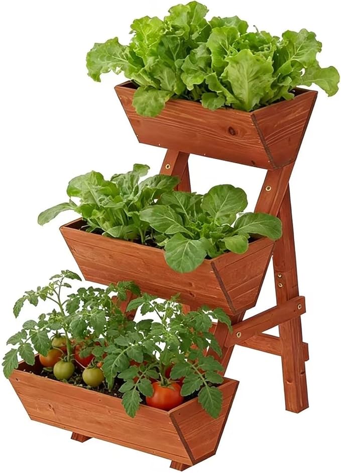 3-Tier Wooden Vertical Raised Garden Bed with Legs, Tiered Planter Box, Garden Planter, Garden Box, Wood Plant Stand Wood Flower Rack for Patio, Balcony, Freestanding. (Brick Red-Small)