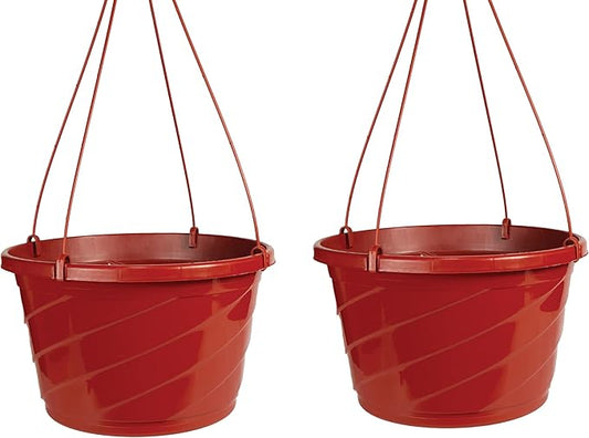 The HC Companies Euro Hanging Basket Planter Decorative 12-Inch Large Plastic Hanging Basket w/Swirl Design for Outdoor Plants, Clay (Pack of 2)
