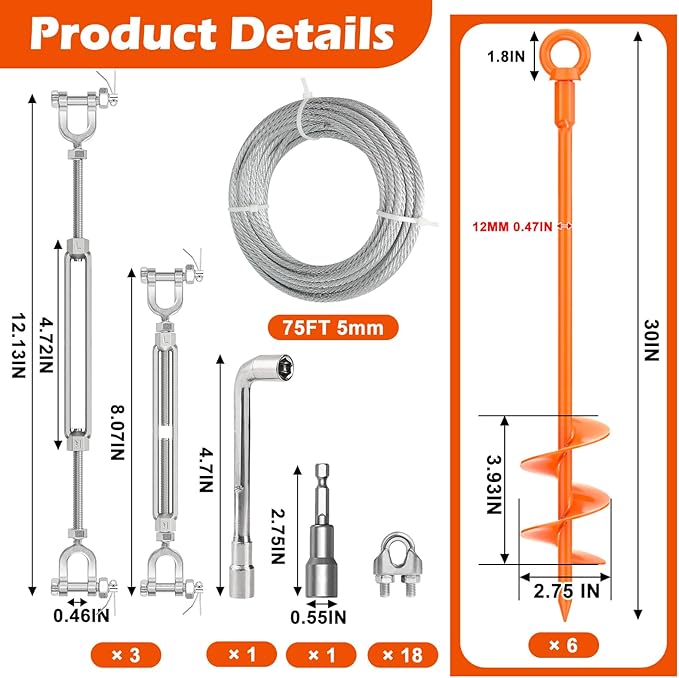 30" Ground Anchors Shed Anchors Kit with 3/16" 75FT Galvanized Cable & M6 304 Stainless Steel Turnbuckles, Heavy Duty Earth Anchors for Sheds Trees Trampoline Greenhouse Swing Set Tent, 6Pack Orange